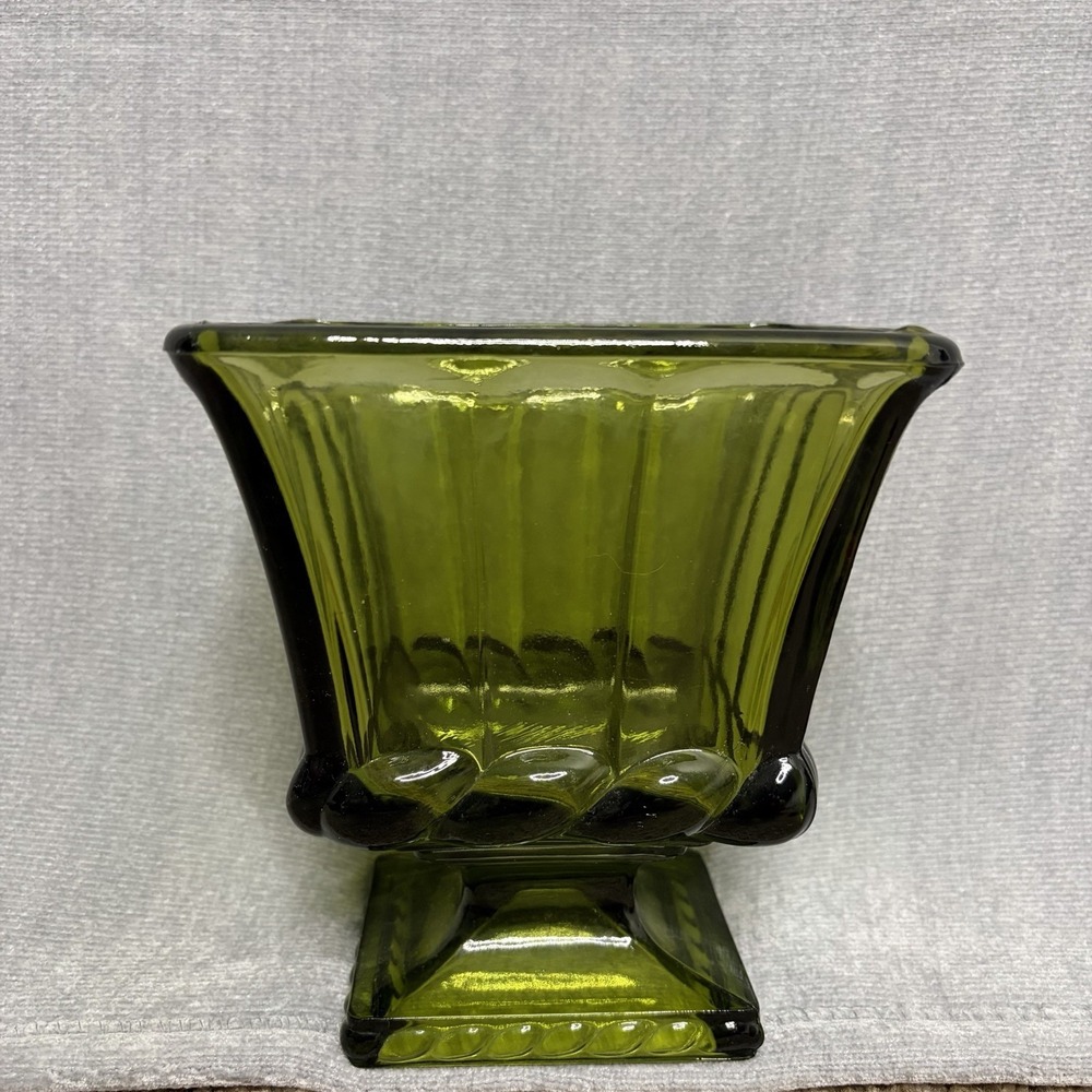 Avocado Green Glass Vase Vintage, 7" Square Base, Greek Key Pattern, MCM‎